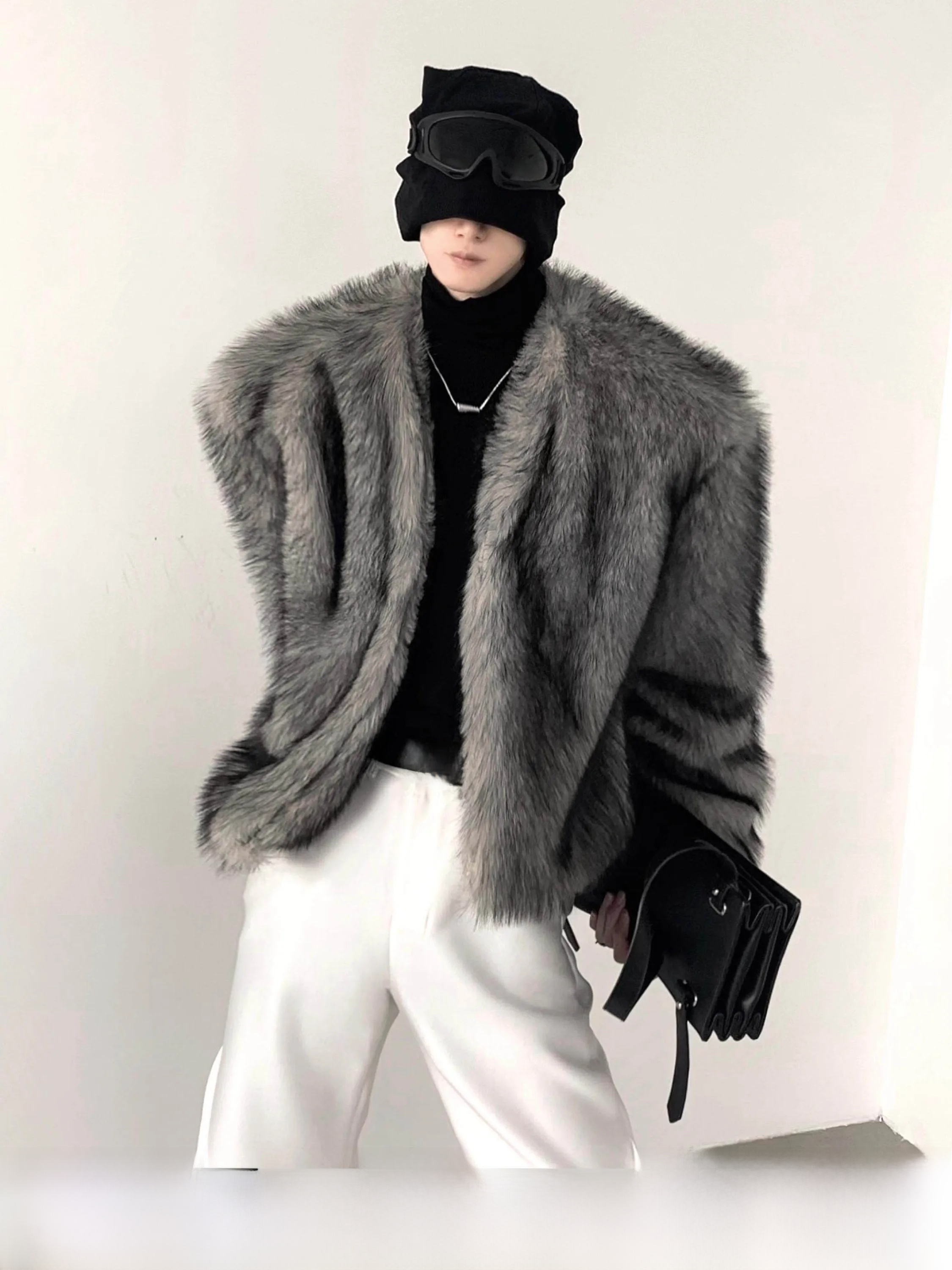 Street Fashion Jacket - Fashionable Grey Fur Jacket Men's Neckless